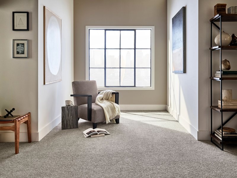 Carpeted room with cushioned chair and large window